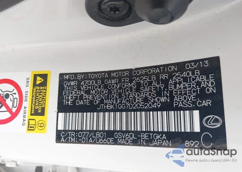 2013 Lexus Es 350 z USA, uszkodzony, nr VIN JTHBK1GG6D2070901